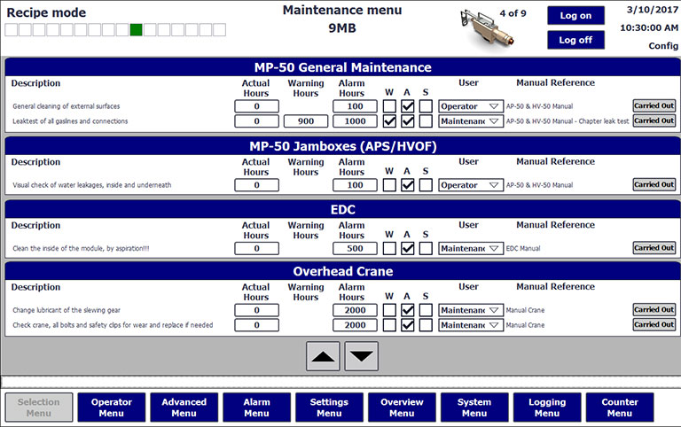 Thermal spray software maintenance scheduler